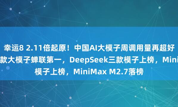 幸运8 2.11倍起原！中国AI大模子周调用量再超好意思国：腾讯这款大模子蝉联第一，DeepSeek三款模子上榜，MiniMax M2.7落榜